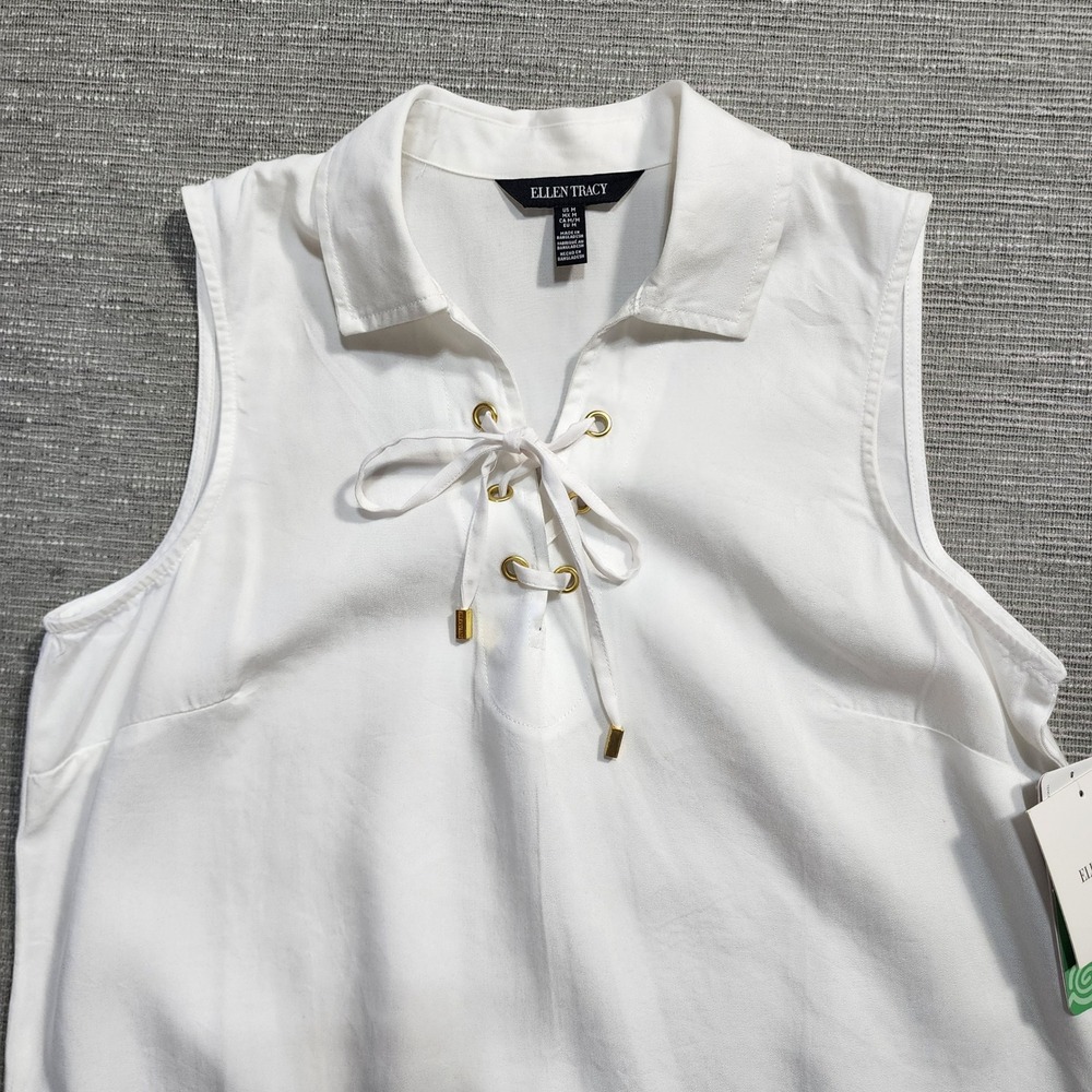 Ellen Tracy White Tencel Lyocell Lace Up Sleeveless Tunic Top Blouse Medium NWT - Picture 2 of 8